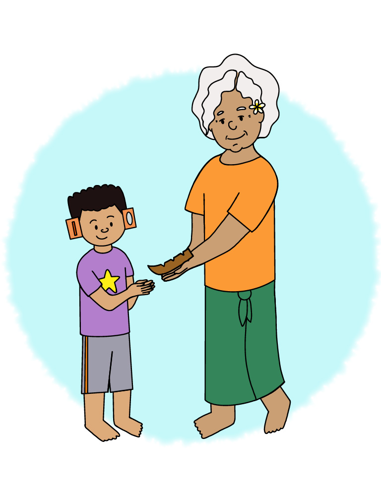 An old lady with gray, short, curly hair wearing an orange shirt and green lavalava. She has a sei on her left ear. She's handing a wooden
            boat to Fetu, a young boy, wearing a purple shirt with a yellow star in the middle of it and gray shorts with orange stripe on the sides. He wears
            an orange headphone gadget.